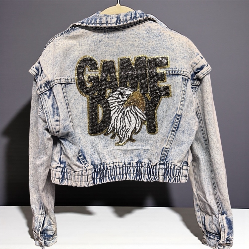Fly High in Style: Handmade Eagles Game Day Sequin Cropped Jean Jacket I Small